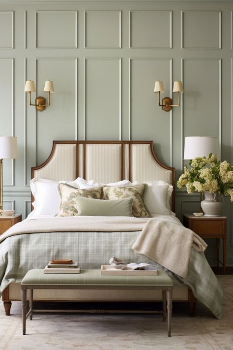 Wall Mouldings Bedroom, Classic Master Bedrooms Decor Luxury, Green Grand Millennial Bedroom, Green Paneled Bedroom, Paneled Bedroom Ideas, Bedroom Beading Ideas, Molding On Bedroom Walls, Half Wall Wainscoting Bedroom, Trim Bedroom Walls