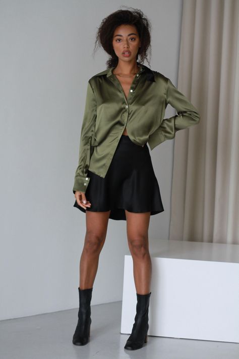 Silk Button Down Shirt Outfit, Khaki Skirt Outfits, Women Silk Shirt, Button Shirt Outfit, Long Khaki Skirt, Silk Shirt Outfit, Green Silk Shirt, Womens Button Down Shirt, Silk Skirt Outfit