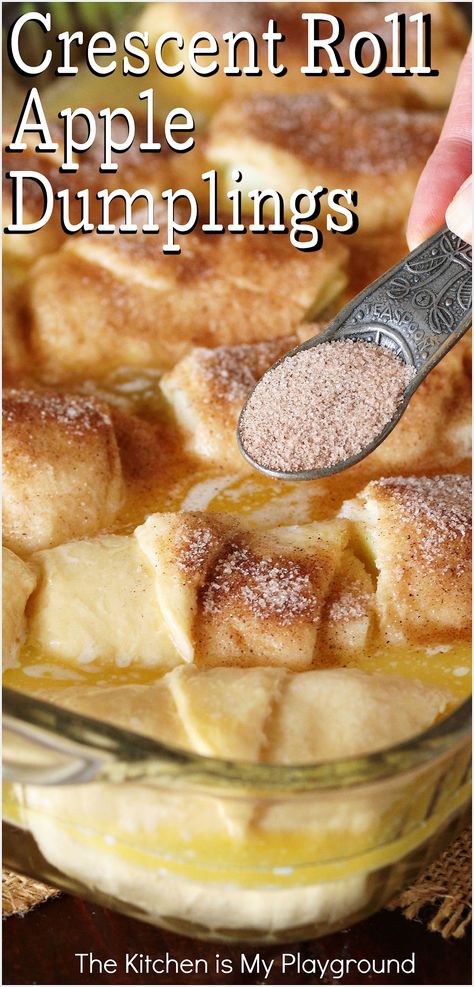 Sprinkling cinnamon sugar on top of unbaked Crescent Roll Apple Dumplings in a baking pan Crescent Roll Apple, Apple Dumplings Recipe, Crescent Roll Recipes Dessert, Crescent Roll Apple Dumplings, Crescent Roll Dessert, Easy Crescent Rolls, Easy Apple Dumplings, Crescent Roll Crust, Apple Dumpling Recipe