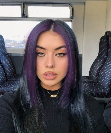 Hair Dye Color For Curly Hair, Black Hair With Purple Curtain Bangs, Dark Teal Money Piece Hair, Black Hair With Dark Purple Money Pieces, Purple Hair Front Pieces, Dark Purple Money Piece Hair, Black Hair With Purple Front Pieces, Purple Underlayer Hair, Hair Color Underneath Purple