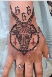 Small Demonic Tattoos, Satanism Tattoo Design, Demon Symbols Tattoo, Tattoo Ideas Satanic, Satanic Hand Tattoo, Pentagram Tattoo Satanic, Deamon Tattoos Design, Satanic Tattoo Ideas, Satanic Tattoo Demons