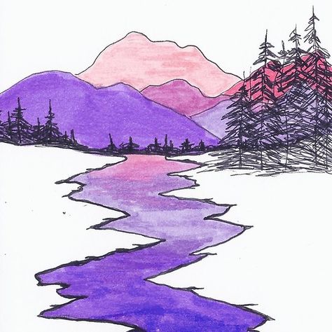 Landscape drawing of mountains, river,hills, and trees using ink and markers. Drawing A Mountain, Snow Art Drawing, Simple Landscape Drawing, Drawing Of Mountains, River Drawing, Art Markers Drawing, Markers Drawing Ideas, Mountain Drawing, Posca Art