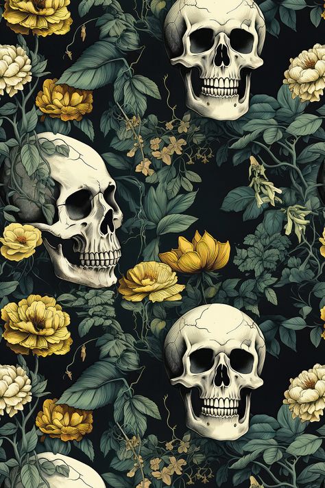 Skull Pattern Wallpaper, All Over Print Dress, Skull Background, Repeatable Pattern, Tumbler Pattern, Bob Marley Painting, Skulls Flowers, Skulls And Flowers, Halloween Digital Art