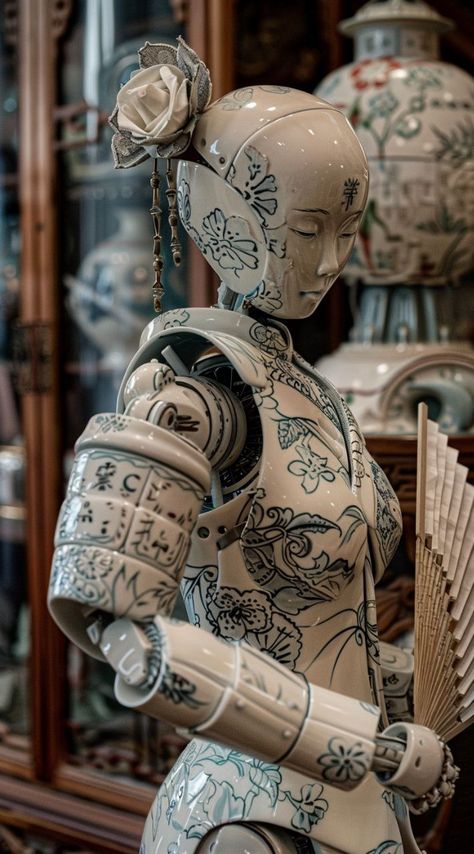 Prompt 👉Japanese porcelain robot with a traditional fan in hand, made in light colors with traditional floral patterns, close-up. The setting is an ornate museum hall filled with various mechanical sculptures and vintage electronic equipment. The mood should be mysterious yet elegant, reflecting the essence of futuristic craftsmanship and historical beauty in the style of photography. 👉 if Like, please Follow and Share AI Graphics Studio 👇Contact on WhatsAPP: http://tiny.cc/aigraphicsstudio ... Porcelain Robot, Arcane Oc, Prosthetic Limbs, Be Mysterious, Porcelain Sculpture, Japanese Robot, Draw Together, Japanese Fan, Fashion Portfolio