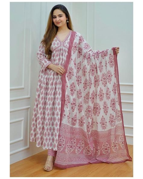 Indian Handmade Kurti Partywear Long Anarkali Kurta Set, One Piece Gown Kurta Pant With Dupatta Set Special For you, Gift For Her/Him, Kurta Kurti Pant, Anarkali Kurti, Dupatta Set, Anarkali, Embroidery, Pink, Dresses, White