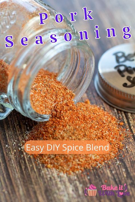 My simple pork seasoning uses a flavorful combination of the best spices so you can make any pork dish just that much more delicious! This multi-purpose pork seasoning is amazing for any pork recipe, enhancing the flavor that gives salt and pepper a run for their money! BakeItWithLove.com #bakeitwithlove #pork #seasoning #delicious #simple #spiceblend Pork Roast Seasoning, Pulled Pork Seasoning, Pork Spices, Loin Recipes, Pork Gravy, Soup Homemade, Pork Seasoning, Salt Free Seasoning, Diy Mixes