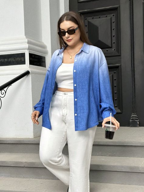 Blue Casual Collar Long Sleeve Woven Fabric Ombre,Plain Shirt Embellished Non-Stretch  Women Plus Clothing Manche, Ombre Shirts Women, Collage Outfit, Collage Outfits, Moda Do Momento, Ombre Shirt, Bleu Azur, Everyday Fashion Outfits, Blue Long Sleeve Shirt