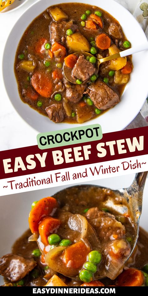 There isn't an easier way to make beef stew than in a slow cooker! This Crockpot Beef Stew has perfectly tender beef, carrots, and potatoes due to the long cooking time at a low temperature. It's a great "set it and forget" it meal for busy weeknights! Slow Cook Beef Stew Crockpot Recipes, V8 Beef Stew Slow Cooker, Essen, Taste Of Home Beef Stew, Cockpit Beef Stew, Crockpot Beef Stew Recipes Easy, Beef And Barely Slow Cooker, Beef Stew With Leftover Steak, Beef Stew With Frozen Vegetables