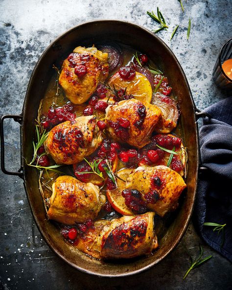 Chicken cosmopolitan - delicious. magazine Christmas Chicken Thighs, Winter Chicken Recipes, Cranberry Recipes Easy, Traybake Recipes, Chicken Traybake, Cosmopolitan Recipe, Butternut Recipes, Cranberry Chicken, Chicken Tonight