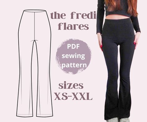 sewing pattern - the Fredi Flares - flared leggings pants sewing pattern - flares sewing pattern How To Draw Flare Pants, Flared Leggings Sewing Pattern, Flowy Pants Pattern Sewing, Flare Pants Sewing Pattern, Flare Pants Pattern, Pants Pattern Free, Beginner Sewing Patterns, Pants Sewing, Kawaii Diy