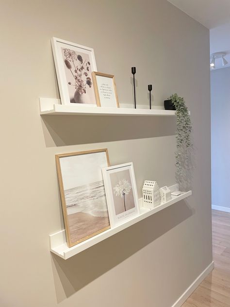 #desenio #ikea #shelf #hallwaydecor Ikea Picture Shelf, Decor For Picture Ledge, Ikea Photo Ledges, Shallow Floating Shelves, Ikea Shelves Decor, Ikea Wall Shelf Ideas, Frame Shelf Ideas, Ikea Wall Shelf, Ikea Shelf Decor