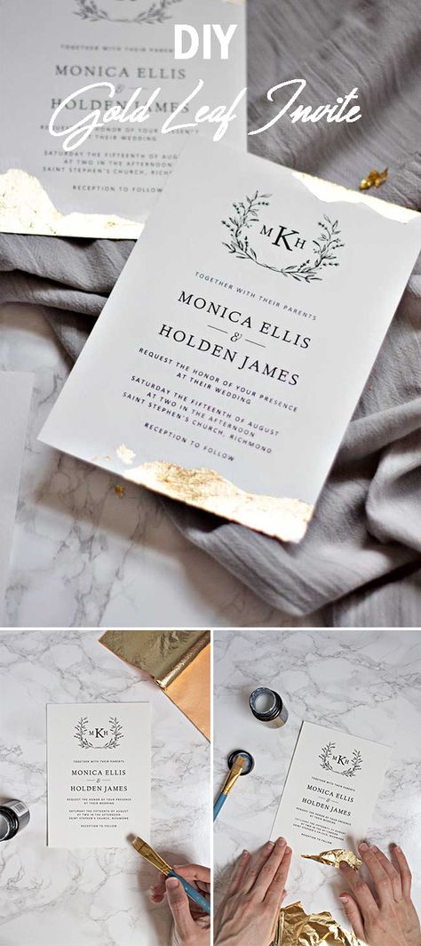 Easy to make gold leaf wedding invitation card Gold Leaf Invitations Diy, Gold Leaf Wedding Invites, Wedding Cards Ideas, Gold Leaf Invitations, Diy Wedding Cards, Wedding Invitations Cheap, Autumn Ball, Metallic Wedding Invitations, Wedding Invitation Text