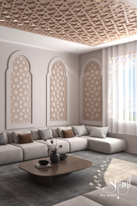 Islamic interior design Islamic House Design Interiors, Modern Moroccan Interior Design, Islamic Living Room, Practical Interior Design, Modern Arabic Interior, Arabic Living Room, Arabic Interior Design, Islamic Interior Design, Moroccan Interior Design