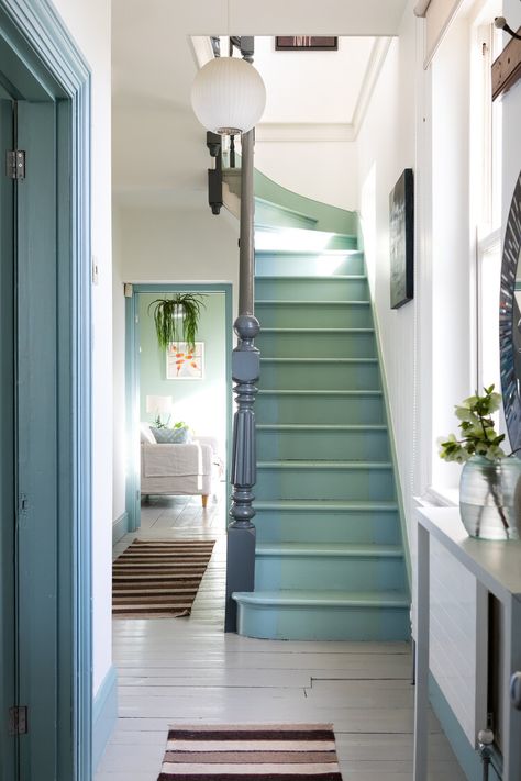 Victorian House — andrea curtis Green Stairs, Painted Staircases, Hallway Inspiration, Hallway Designs, Painted Stairs, Hallway Ideas Entrance, Small Hallways, Victorian House, Hallway Ideas Entrance Narrow