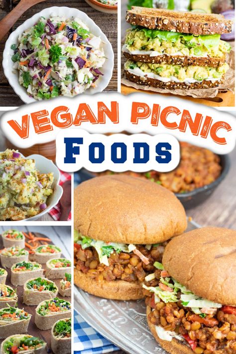 As the warm weather begins to beckon us outside and into the sunshine, it's a perfect time to grab a picnic basket and pack it full of these deliciously portable vegan picnic ideas that include sandwiches, sides, and even desserts! Vegan Picnic Sandwiches, Vegan Recipes Picnic, Easy Vegan Picnic Food, Picnic Food Vegetarian, Picnic Vegetarian Food Ideas, Vegan Summer Lunch Ideas, Vegan Summer Dessert Recipes, Vegan Summer Dishes, Easy Vegan Sides