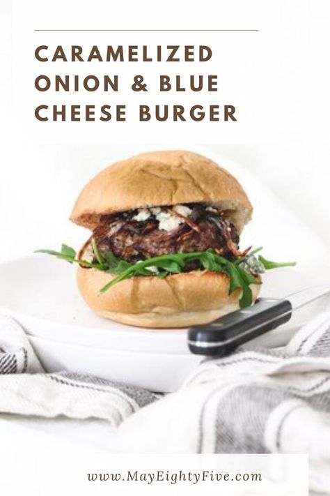 I am celebrating Burger Season with this Caramelized Onion, crumbled Blue Cheese and Arugula burger. Yes, that is 3 of my favorite things in one delicious burger. I made my own patties that are filled with diced onion, garlic and some BBQ sauce that kept it perfectly juicy while cooking. #burger #bugerrecipe #homemade #bbq #bbqseason #bbqrecipes #grilling #grillingseason #arugula #bluecheese #beef #beefburger Arugula Burger, Blue Cheese Burger, Blue Cheese Burgers, Simple Diy Projects, Delicious Appetizers, Cheese Burger, Tablescape Ideas, Homemade Bbq, Caramelized Onion