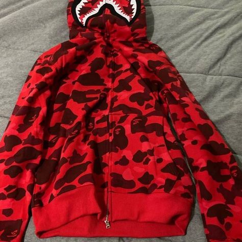 Bape Red Camo Zip Up Hoodie Bape Zip Up Hoodie, Popular Hoodies, Hoodie Bape, Bape Shark Hoodie, Bape Jacket, Bape Shark, Bape Hoodie, Shark Hoodie, Red Camo