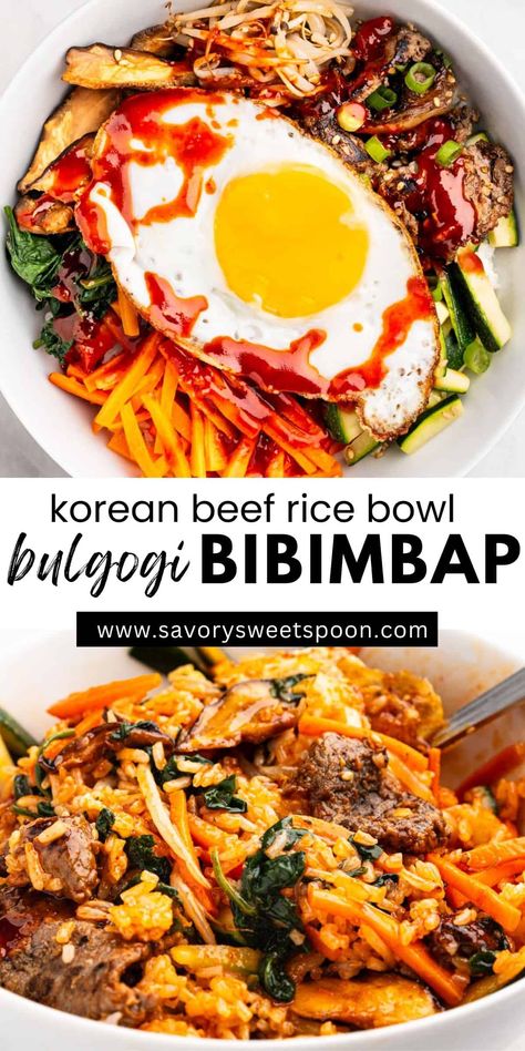 Bulgogi Bibimbap is one of my favorite Korean dishes! It’s packed with tender marinated beef, colorful veggies, and fluffy rice, all topped with a perfectly fried egg and a drizzle of gochujang sauce. It’s not just a meal; it’s an experience that combines flavors, textures, and colors, making it a perfect choice for a cozy dinner or when you want to impress your guests with a delicious and wholesome bibimbap! Crispy Rice Bibimbap, Korean Beef Bowl Gochujang, Korean Bimbap Bowls Recipe, Korean Bimbap Bowls, Bimbimbop Bowl, Kimchi Bibimbap, Bulgogi Rice Bowl, Chicken Bibimbap, Bi Bim Bap