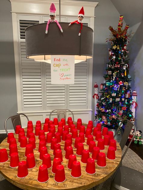 Elf on the Shelf ideas, red solo cup, find the treat What To Do For Elf On The Shelf, Elf Ok Shelf Ideas, Elves On A Shelf Ideas, Cute Elf On A Shelf Ideas, Elves Back Ideas, Amazon Elf On The Shelf Ideas, Elf On The Shelf Best Ideas, Bring Back The Elf Ideas, Elf On The Shelf Ideas For Two Elfs