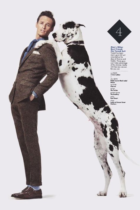 Dulce Danes - GQ Magazine July 2013In May 2013, Spumoni had a photo shoot with Academy Award winning actor Eddie Redmayne for GQ magazine.  Below is the photo from the American GQ magazine, the cover of GQ Korea, and a candid of Eddie and Spumoni. Eddie Redmayne Model, Fall Suit, Living In London, Eddie Redmayne, Gq Men, Gq Magazine, Mens Fashion Fall, Mens Fall, Dog Photography