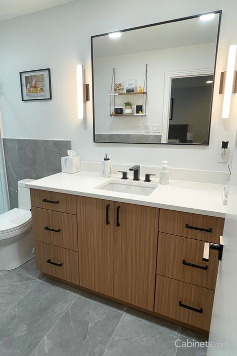 Modern Bathroom with Euro Wood Grain Slab Cabinetry - Cabinets.com Calypso Bathroom, Slab Cabinet Doors, Slab Cabinets, Spa Like Bathrooms, Frameless Cabinets, Cool Color Palette, Modern Cabinets, Cabinet Styles, Cabinet Pulls