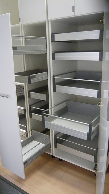 pull-out and interior-drawers pantry options by Dome Project Management, via Flickr Ikea Kitchen Corner, Pantry Options, Ikea Kitchen Drawers, Kitchen Corner Pantry, Diy Pull Out Shelves, Ikea Pantry, Pantry Interior, Pull Out Pantry, Pantry Drawers