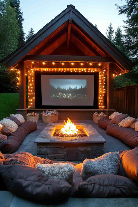 31 DIY Fire Pit Ideas for a Stylish Backyard Retreat Fire Pit Movie Theater, Outdoor Fireplace Gazebo, Hot Tub With Fire Pit, Backyard Fire Pit Ideas Lounge Areas Outdoor Living, Backyard Entertaining Area Layout, Boho Outdoor Patio Ideas, Gazebo Fire Pit Ideas, Hot Tub And Fire Pit Patio, Barndominium Patio