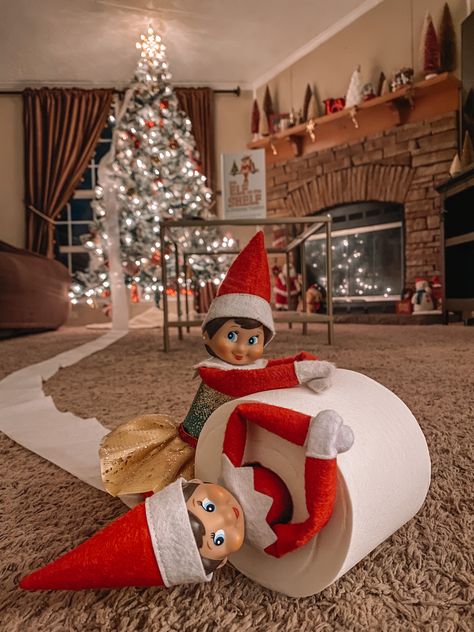 Elf On The Shelf Ideas 2 Elfs, 2 Elf On The Shelf Ideas Easy, Elf On The Self Christmas Tree, Where To Put Your Elf On The Shelf, 2 Elf Ideas On The Shelf, Elf Antics Funny, Elf On Shelf Is Back Ideas, Elf On Tree Ideas, Toilet Paper Elf Ideas