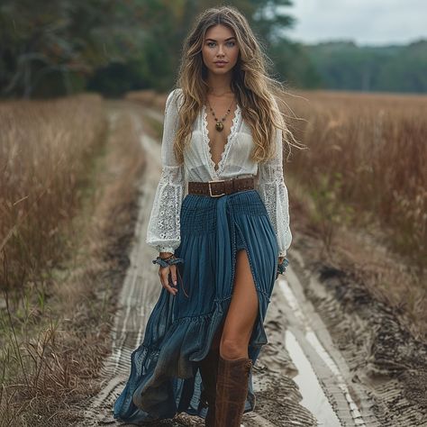 Dresses Fall Outfits 2024 Night Out, Long Skirt Country Outfit, Long Skirt With Cowboy Boots, Cowboy Boot Outfits Fall, Fancy Country Outfits, Maxi Skirt With Boots, Country Style Clothes, Country Church Outfit, Hippie Cowgirl Style