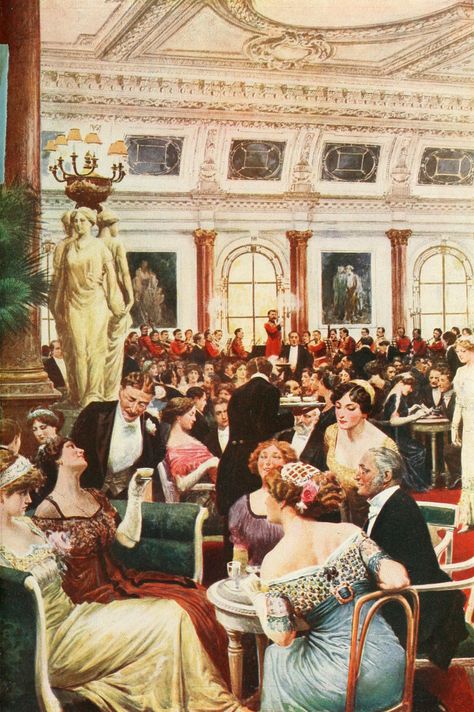 Unknown artist.  The foyer of the Savoy hotel on a Sunday night.  Pall Mall magazine extra 1912. Savoy Hotel, Cafe Society, Sunday Evening, Framed Postcards, Portrait Images, Edwardian Era, Sunday Night, Belle Epoque, Canvas Pictures