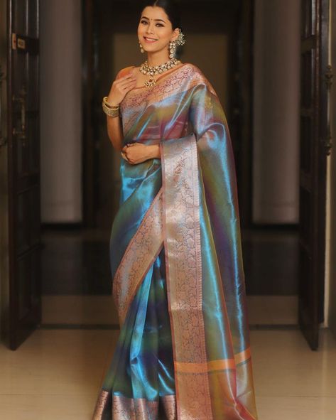 On Sale Rs.1499/- Free Shipping Beautiful Jacquard Border Tissue Silk Saree With Beautiful Rainbow Shining color and pallu and attached running Blouse also* Fabric : Tissue Silk (5.5mtr) Blouse piece 1 mtr. Code:GF1457888510508 Tissue Silk Saree, Set Saree, Tissue Saree, Banarasi Saree, Soft Silk Sarees, Classic Jewelry, Banarasi Sarees, Party Wear Sarees, Bollywood Saree