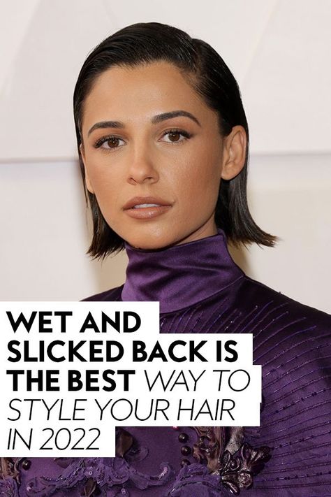 This out-of-the-shower wet hair look has elevated from crunchy curls to a slicked back long hair style. #hairtips #hairinspiration Slicked Wet Hair Look, Slick Back Wet Hair Look Short, Slicked Back Hair Short For Women, Short Hair Wet Hairstyles, Slicked Bob Short Hair, Pixie Hair Wet Look, Slicked Back Shoulder Length Hair, Slicked Back Short Hair Women Wet Look, How To Slick Hair Back