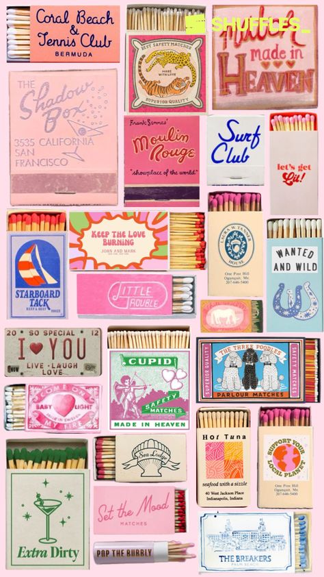 matchbox art Apartment Wall Decor, Love Com, Cupid Love, Matchbook Art, Matchbox Art, Safety Matches, California Surf, Collage Background, Girly Tattoos