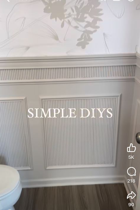 Half Bath Molding, Under Chair Rail Ideas, Powder Room With Wall Paneling, Half Bathroom Molding Ideas, Decorative Wainscoting Ideas, Chair Rail Paneling Ideas, Arched Wainscoting Ideas, Moulding On Walls Bathroom, Modern Bathroom Wainscotting