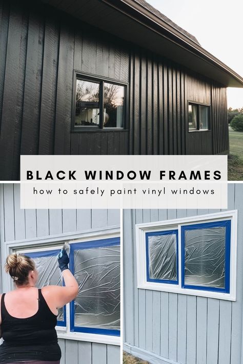 Everything you need to know about how to paint windows black! Paint your vinyl or wood window frames with this tutorial and helpful tips! Great ideas for prepping your windows, priming vinyl frames, and using vinyl safe paint. Great formula example for vinyl safe painted window frames. Love the look of these black windows against the charcoal siding (in the colour Iron Ore by Sherwin Williams), and brown roof shingles. Amazing exterior makeover! Paint Windows Black, Painting Vinyl Windows, Outdoor Window Trim, Black Windows Exterior, Vinyl Window Trim, Painted Window Frames, Windows Black, Black Window Frames, Vinyl Exterior