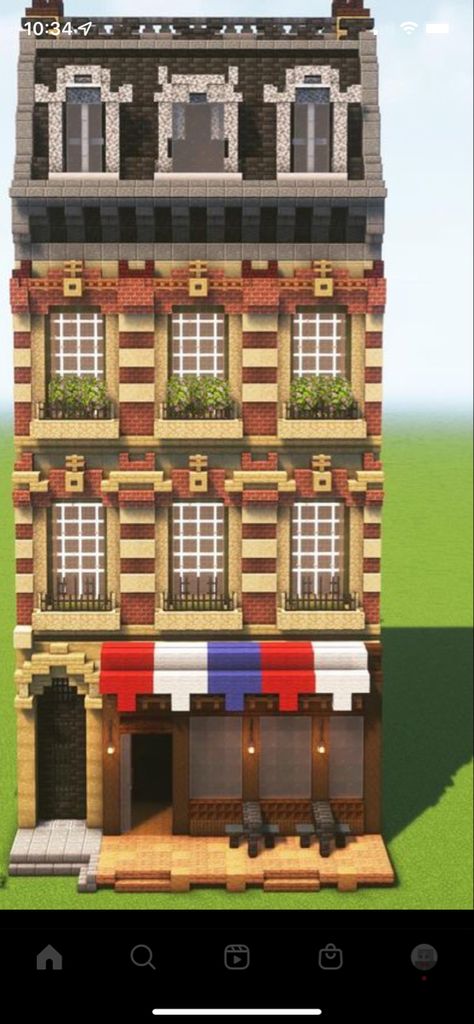 Minecraft Shop Exterior, London Minecraft Builds, Minecraft Parisian House, French Architecture Minecraft, Minecraft Modern Apartment Building, Minecraft Center Of Town Ideas, Minecraft Map Wall Ideas, Minecraft Store Front Ideas, Minecraft Paris House