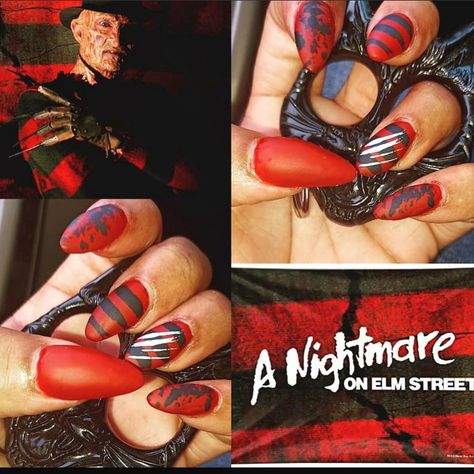 Freddy Kruger Nails Short, Simple Freddy Krueger Makeup, Freddy Krueger Nail Art, Freddie Kruger Nails, Halloween Nails Freddy Kruger, Freddy Krueger Nails Acrylic, Jason Voorhees Nails, Freddy Krueger Makeup Women, Nightmare On Elm Street Nails