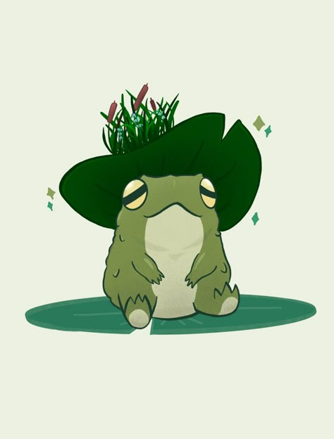 A simple pond frog sporting a lily pad hat with reed accessories. Save him so he can chill with your curated pins. <3 Frog Drawing Reference, Happy Frog, Frog With Hat, Cute Frog Art, Frogs Drawing, Frog With A Hat Drawing, Round Frog, Cute Frog Drawing, Frog Gnome