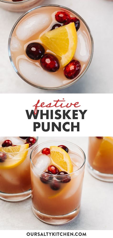 Cranberry Orange Whiskey Punch is a tart and tangy holiday cocktail that's easy to make for one, or one dozen. Whip up a cocktail or two by the crackling fire on Christmas Eve, or follow the pitcher instructions to make a large batch for a crowd. Mild and just sweet enough, this is a great introductory cocktail for the whiskey curious, but one with enough complexity for everyone to enjoy. #cocktail #whiskey #christmas #holiday #whiskeycocktail Sweet Whiskey Drinks, Whisky Punch Recipes, Whiskey Christmas Drinks, Holiday Whiskey Drinks, Christmas Drinks Whiskey, Thanksgiving Whiskey Drinks, Winter Pitcher Cocktails, Holiday Batch Cocktail Recipes, Winter Cocktails For A Crowd