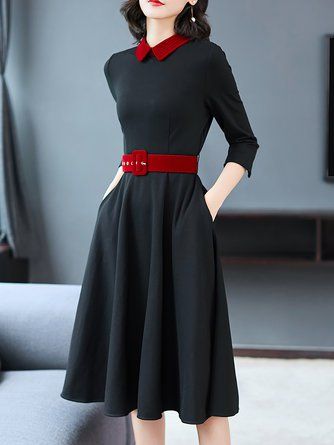 Work A-Line Elegant Belt Midi Dress Plain Skater Dress, Best Formal Dresses, Formal Shirt Dress, Belted Midi Dress, Daytime Dresses, Linnet, Black Midi, Belt Black, Dress Silhouette