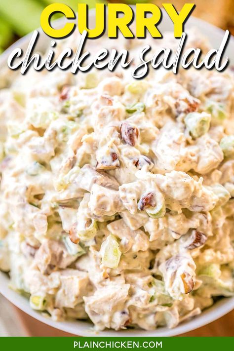 Curry Chicken Salad – classic chicken salad with a great curry flavor. This is THE BEST chicken salad EVER!! Tender chicken, creamy mayo, sour cream, crunchy celery, curry, salt, pepper, lemon juice, green onions, and smoked almonds. Copycat recipe from Olexa's in Mountain Brook AL. I think this version is better than the original. Keeps for up to 5 days in the fridge. Salad Variations, Frozen Fruit Salads, Smoked Chicken Salad, Curry Salad, The Best Chicken Salad, Smoked Almonds, Classic Chicken Salad, Best Chicken Salad, Curry Chicken Salad