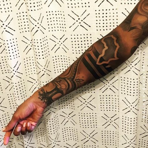 2,568 Likes, 37 Comments - Dave (@dangerdaveink) on Instagram: “Latest addition on  @afrohemian_  from our last collaboration” African Sleeve Tattoo, Black People Tattoos, Arm Tattoos Black, Shock Therapy, Africa Tattoos, Egyptian Tattoo Sleeve, African Tattoo, Female Tattoos, Map Tattoos