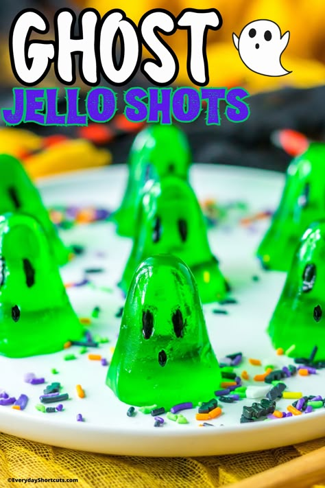 Halloween Jello Shots Alcohol Parties, Halloween Party Food And Drink Ideas, Sparkly Jello Shots, Halloween Jello Desserts, Halloween Jell-o Shots Eyeball, Green Halloween Jello Shots, Ghost Jello Shots Recipe, Witchy Jello Shots, Green Jello Shots Recipe