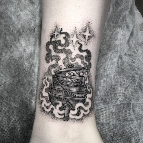 Cauldron tattoo - witchy tattoo Witches Cauldron Tattoo, Caldron Tattoos, Cauldron Tattoos, Couldren Tattoo, Cottage Tattoo, Cauldron Tattoo, Witchy Sleeve, Folk Tattoo, Witchy Tattoos