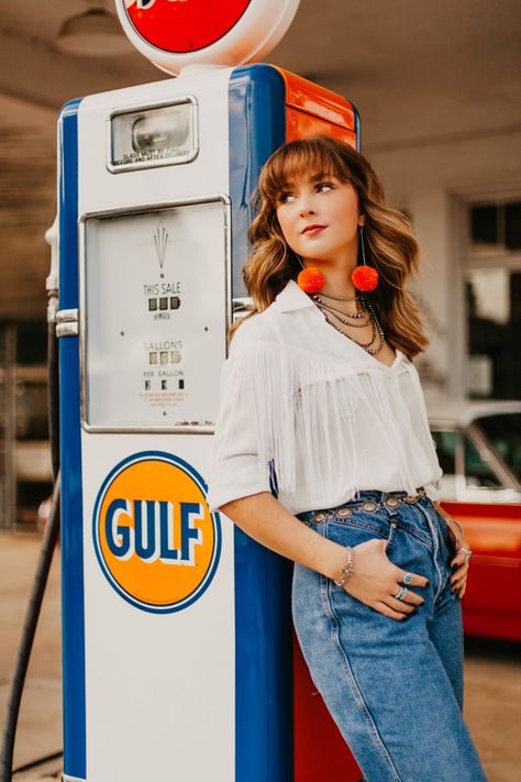 Belts Photoshoot Ideas, Gasoline Station Photoshoot, Western Gas Station Photoshoot, Gas Pump Photoshoot, Western Headshots, Vintage Gas Station Photoshoot, Old Gas Station Photoshoot, Gas Station Shoot, Gas Station Editorial