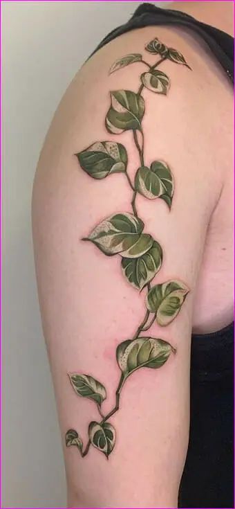 Vining Plant Arm Tattoo, Womens Vine Tattoos, Leaf Neck Tattoos Women, Pothos Plant Line Drawing, Freehand Vine Tattoo, Vine Tattoos Color, Plant Tattoos Color, Colored Plant Tattoo, Green Ivy Tattoo