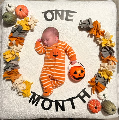 Fall, thanksgiving, Halloween, one month old, monthly milestone photo, photoshoot, one month Halloween 1 Month Halloween Pictures, One Month Halloween Baby Pictures, Halloween Monthly Baby Pictures, Halloween Milestone Pictures, Boy Milestone Pictures, Baby Boy Milestone Pictures, Monthly Photo Shoot Ideas, Photo Shoot Ideas For Baby, Baby Pumpkin Pictures