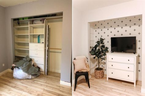 Tv Nook Makeover, Closet Makeovers, Closet Nook, Closet Conversion, Tv Nook, Closet Transformation, Clever Closet, Stylish Home Office, Dresser In Closet