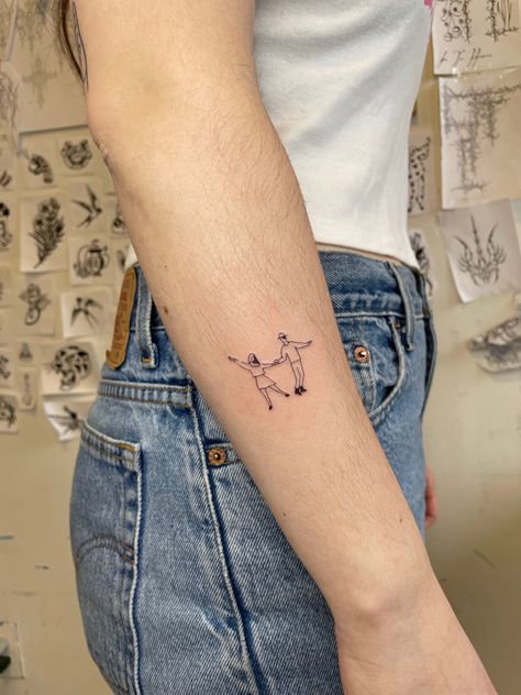 Small Dancing Tattoo, Four People Tattoo, Fine Line People Tattoo, Slow Dancing Tattoo, People Outline Tattoo, Small People Tattoo, Music Fine Line Tattoo, Two People Dancing Tattoo, Dancing Couple Tattoo