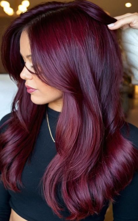 Stunning Cherry Red Hair Color Ideas Dark Cherry Hair With Highlights, Cheery Red Hair Colour, Red Hair Color Balayage, Dark Cherry Red Hair With Highlights, Dark Cherry Hair Color, Cherry Red Hair Color, Raspberry Hair Color, Dark Cherry Hair, Pelo Color Borgoña